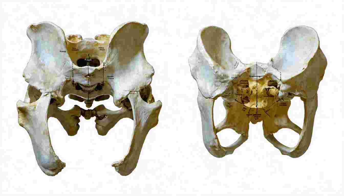 Definition and differentiation of true pelvis and false pelvis, along with methods for sex determination using male and female bony pelvis