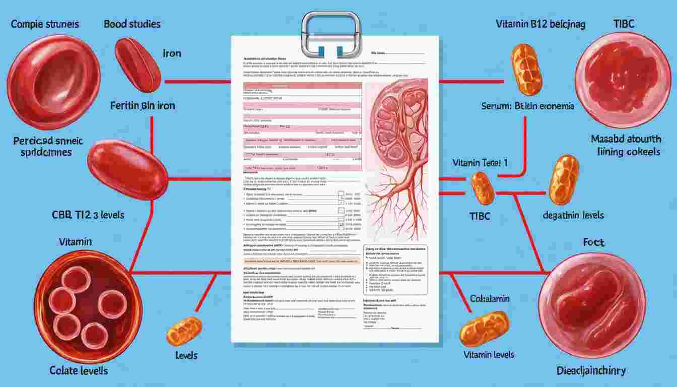 Interpretation of anemia-related diagnostic tests, including complete blood count (CBC), iron studies, vitamin B12 levels, and folate levels